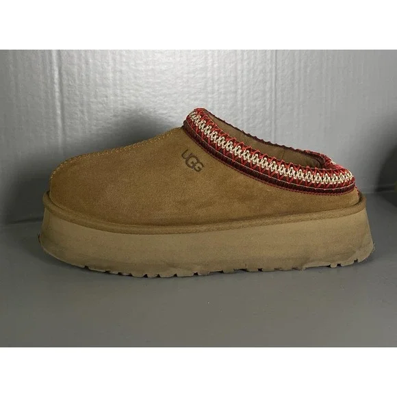 UGG Tazz II Shoes Womens Size 7 Chestnut Suede Platform Sheepskin Slippers - Picture 8 of 12